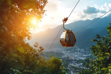 Cable car in the mountains at sunset