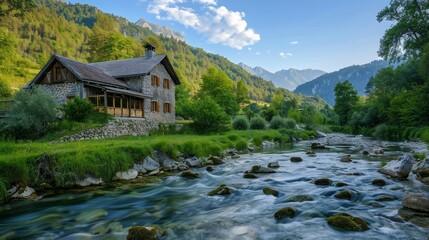 Fototapeta premium Charming stone house in the mountains with a peaceful river and distant mountain peaks