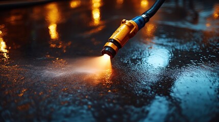 High-pressure water nozzle spraying on wet surface with bokeh lights in the background