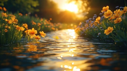 Sunset over calm stream with yellow flowers.