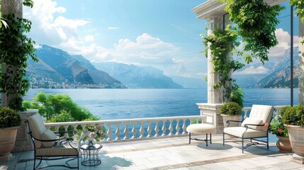 Fototapeta premium Beautiful luxury villa with a vast outdoor terrace and sea views.