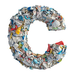 Top view of a 3D letter C made of garbage isolated on a white transparent background