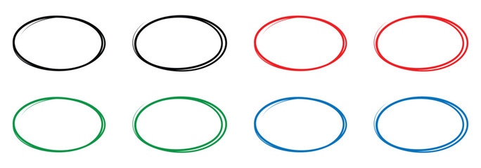 Circular scribble highlights in a grunge, hand drawn style. Pen marker strokes forming organic, freehand ovals.