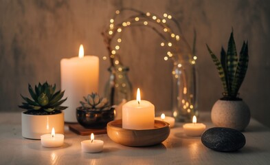 Fototapeta premium Burning candles with succulents and spa decor for cozy relaxing atmosphere