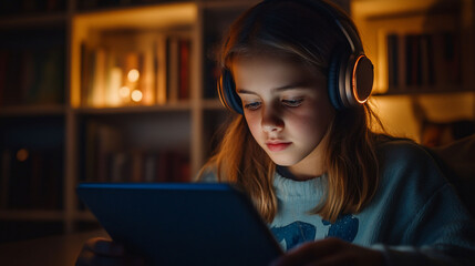 Girl Using Tablet Headphones Home Study