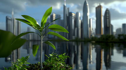 Obraz premium young plant growing near futuristic city skyline with reflective water, symbolizing harmony between nature and urban