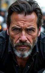 A close-up of a biker’s rugged face, deep wrinkles, and intense eyes, with a blurred motorcycle club in the background.