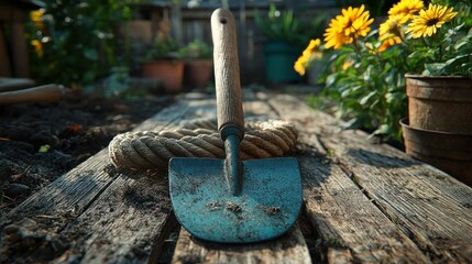 Old garden trowel on wooden planks with rope and flowers.
