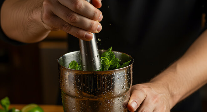 Bartender meticulously muddling fresh mint leaves inside a cocktail shaker