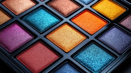 Fototapeta premium Close-up of vibrant eyeshadow palette with diverse colors and textures.