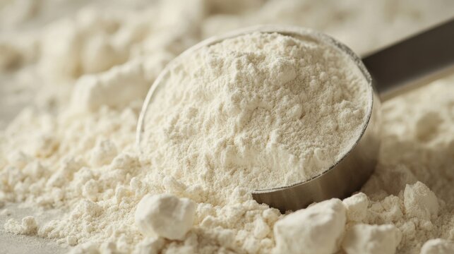 Measuring spoon resting on protein powder heap.