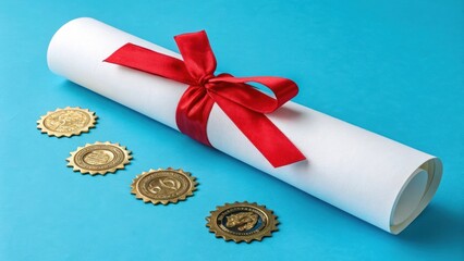 Rolled diploma tied with a red ribbon, accompanied by gold seals on a blue background, symbolizing achievement and success.