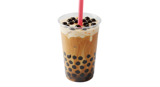 A close up of a bubble tea drink with tapioca pearls and a pink straw on a black background
