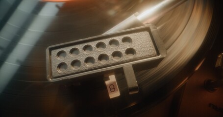 Retro Home Audio: Vinyl Record Rotates On Classic Turntable. Stylus Needle Touches Grooves, Plays...