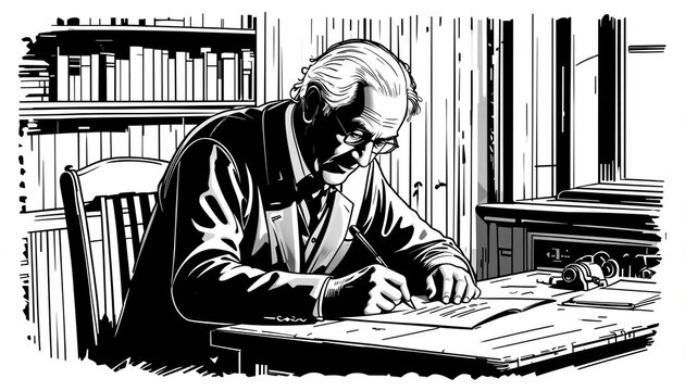 Black and white vector illustration of an elderly man writing memoirs at a desk
