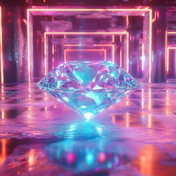 Crystal Clear Diamond Floating in a Neon-Lit Environment &ndash; Futuristic 3D Gem Design, Shiny Luxury Jewel, Glowing Light Effects, Elegant Sparkle, Modern Digital Art, and Radiant Visual Style