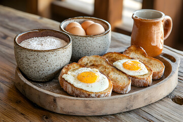 rustic breakfast with fried eggs, toasted bread, fresh eggs, flour, and ceramic jug on wooden tray