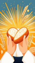 Illustration of hands breaking bread with wheat, sunlight, faith, communion, spiritual themes, and a contemporary visual style