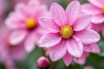 Obraz premium A serene close-up shot of a pink flower with dewdrops on the petals, with other pink blooms softly blurred in the background. The soft focus effect enhances the delicate beauty of the flowers