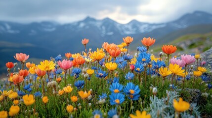 Obraz premium Vibrant wildflowers bloom in a mountain meadow under a dramatic sky.