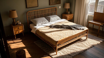 Cozy bedroom with rattan bed frame, wooden nightstands, and soft lighting