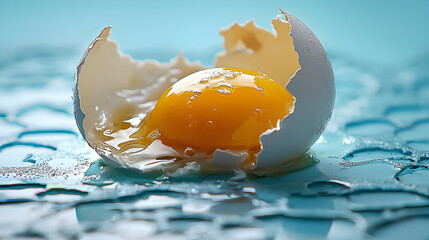 cracked egg with vibrant yolk and broken shell on reflective blue surface, creating fresh and artistic composition