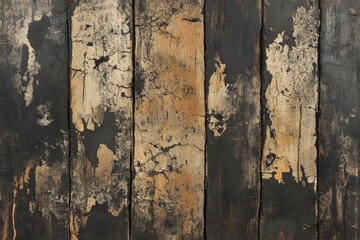 Obraz premium A series of wooden planks with a distressed, gritty texture, covered in deep cracks and peeling paint. The surface appears rough and aged, capturing the essence of industrial, worn-down wood.