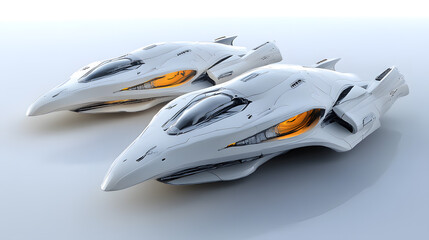 Two futuristic spacecraft with sleek design and orange lights