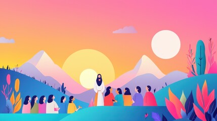Hillside Sermon Illustration in Modern Flat Design with Diverse Group