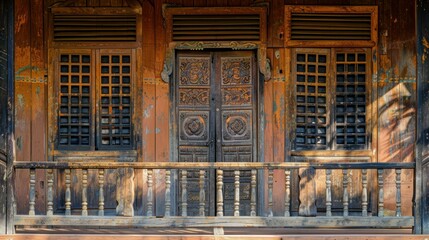 Obraz premium Close-up of a traditional Khmer house's wooden door and windows.