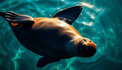 Naklejka premium A sunlit marine mammal gracefully glides through the vibrant teal waters, its sleek form illuminated by the radiant sunlight, creating a captivating underwater spectacle