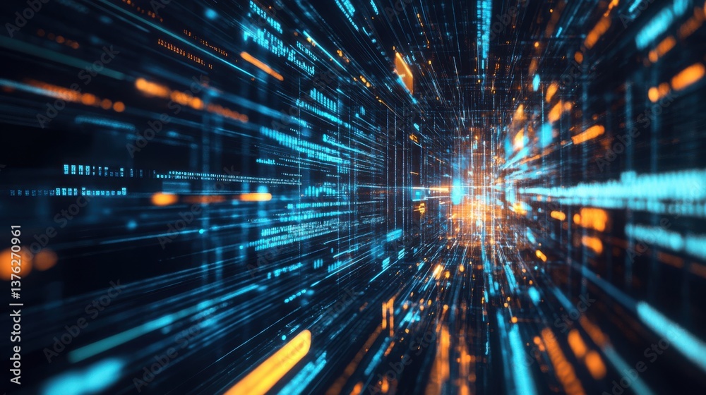 Poster a dynamic visual of vibrant, glowing lines and patterns, representing fast data flow in a digital en