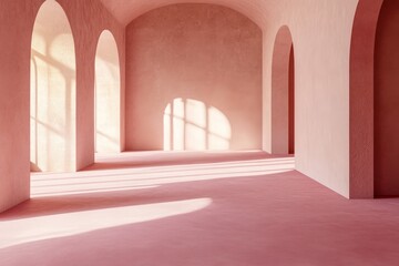A smooth, light pink floor in a well-lit studio with soft, neutral-colored walls, perfect for interior design or fashion photography, conveying a sense of elegance.