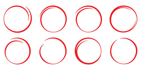 Hand drawn red circle line sketch. Circular vector red icon. Hand drawn circle with doodle patterns. Vector brush strokes circles of paint isolated on white background. Vector illustration. EPS 10