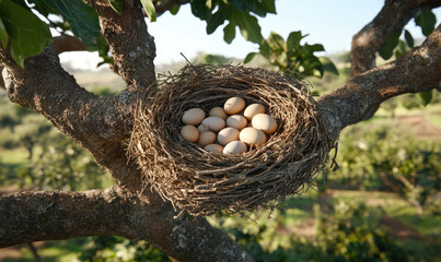 Fototapeta premium A bird's nest brimming with speckled eggs nestled securely in the branches of a tree, bathed in soft sunlight.