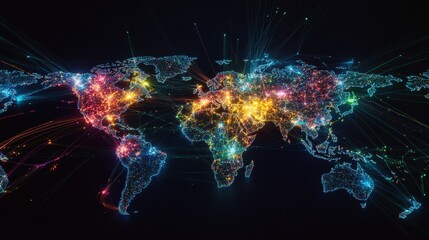 Colorful Digital World Map with Glowing Data Connections and Global Networks