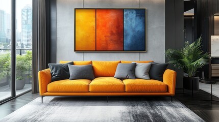 Fototapeta premium Abstract art in orange, yellow, and blue hangs above an orange couch in a modern living room.