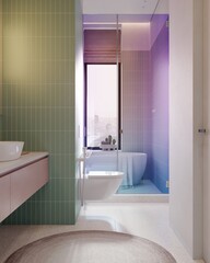 Luxury hotel bathroom interior with wall hung toilet, double sink and accessories. Restroom and washbasin in modern studio apartment. 3D rendering