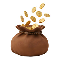 Open Money Bag with Flying Gold Coins, PNG format