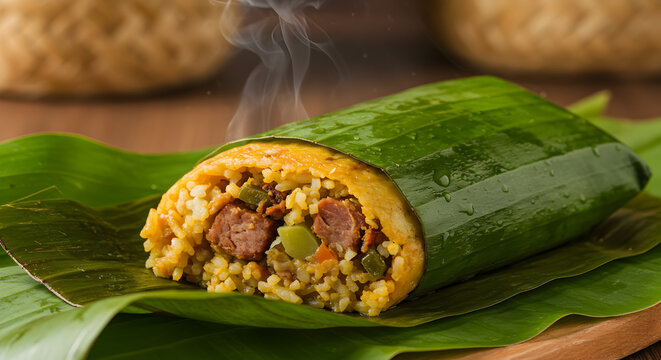 Delicious nicaraguan nacatamal presented in plantain leaf with savory filling