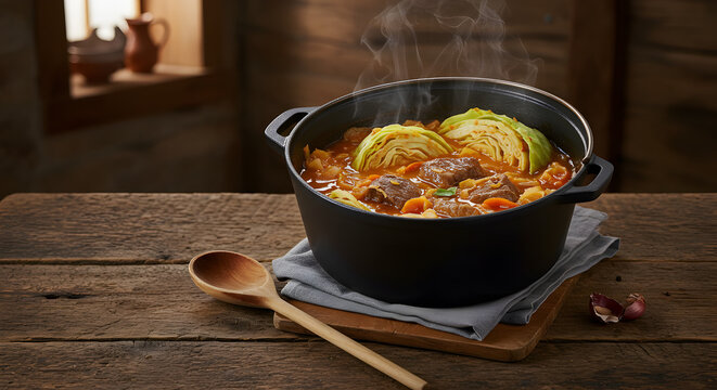Hearty Norwegian F?rik?l: A Traditional Lamb and Cabbage Stew Ready to Serve