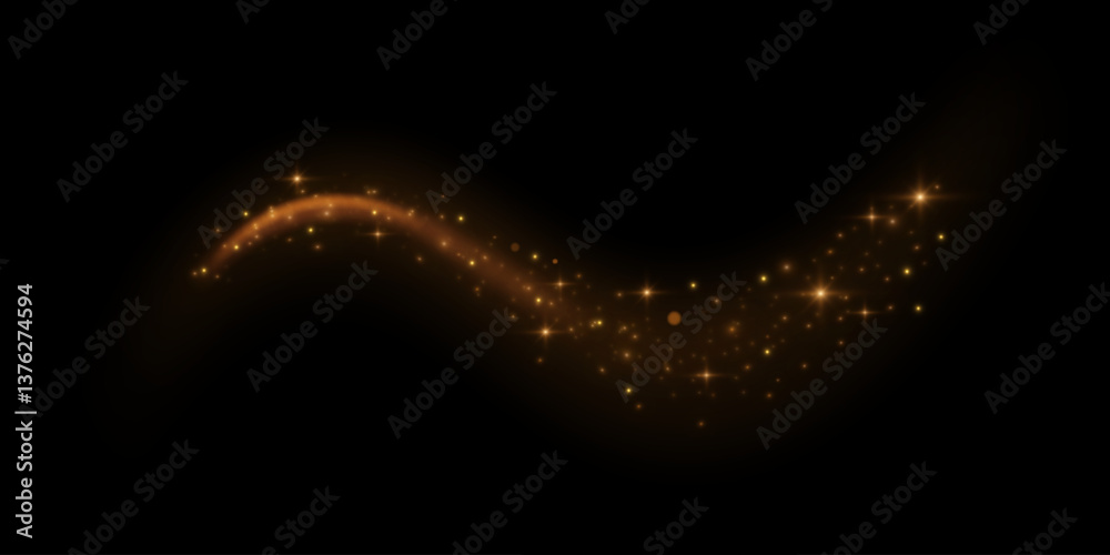 Poster Abstract shiny color golden wave design element with glitter effect on dark background. Light golden swirl. Curve gold line light effect. Vector illustration.