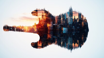 Naklejka premium A Surreal Double Exposure Image Blending Cityscape at Sunset with a Silhouette of an Electric Guitar Representing Music and Urban Life Creatively Together