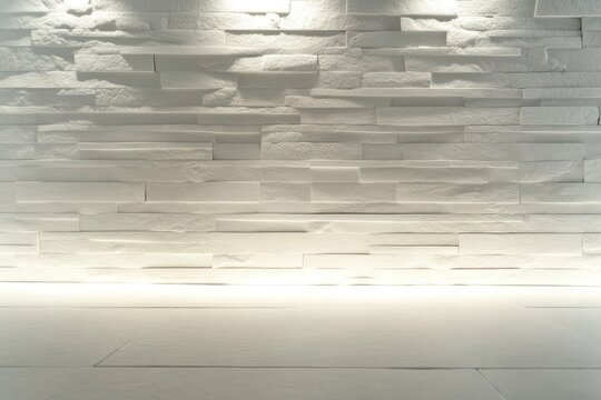 Fototapeta A wide shot of a pristine white brick wall in a studio environment, illuminated by soft lighting to highlight the smoothness and clarity of the surface. The wall is free from any distractions