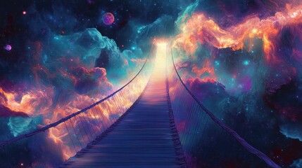 A suspension bridge leads into a glowing celestial dreamscape