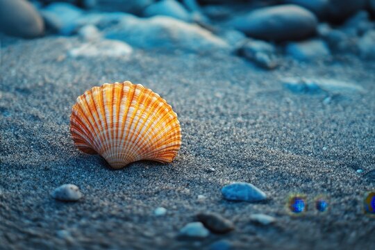 An orange and white scallop shell sits upon a sandy beach - Powered by Adobe