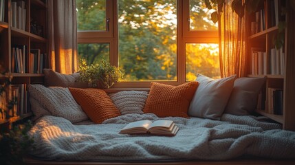 Cozy window seat with books, blankets, and pillows bathed in warm sunset light.