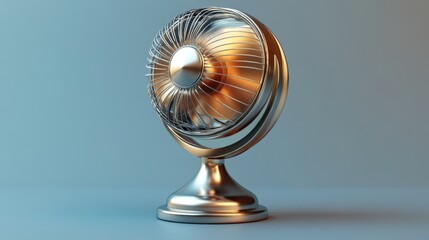 A sleek, metallic table fan with a round base, showcasing a modern design and soft lighting, ideal for adding style and comfort to any space.