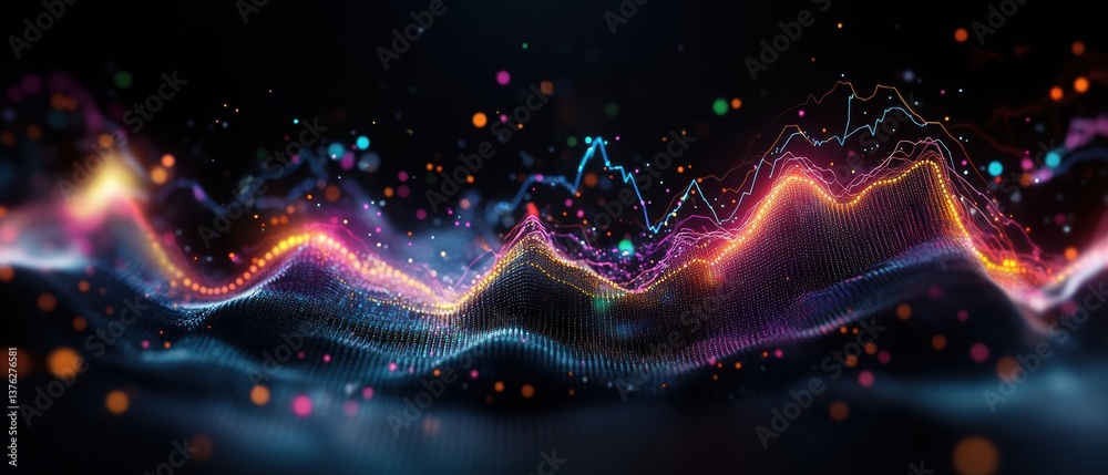 Poster abstract digital landscape of glowing particles and waveforms creating a vibrant soundscape evoking 