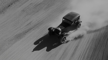 Desert highway with vintage car in motion on dusty road

